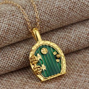 Gold Hobbit Hole, Lord of The Rings Pendant Locket Necklace - Green Door